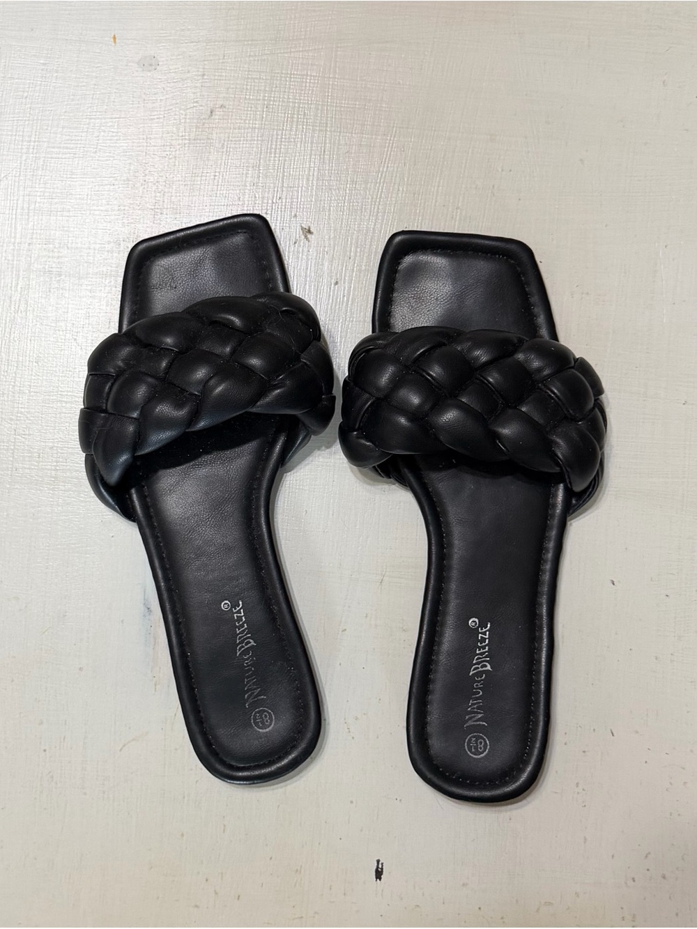 Nature Breeze Black Braided Square-Toe Slide Sandals